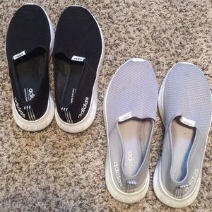 Two pairs sz 9.5 Adidas slide on shoes